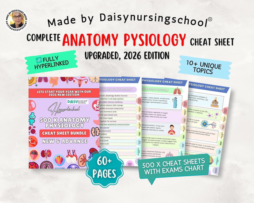 500 X Anatomy Physiology Cheat Sheet 2026, 10+ Topics, Exams Charts, Hyperlinked 2026 (digital ...