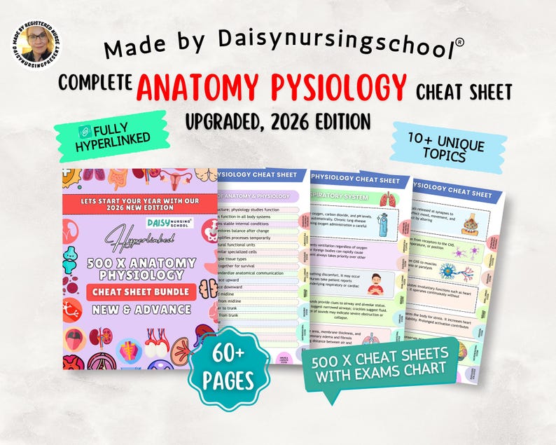 500 X Anatomy Physiology Cheat Sheet 2026, 10+ Topics, Exams Charts, Hyperlinked 2026 (digital ...