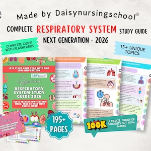 May include: A study guide for the respiratory system, with the text "COMPLETE RESPIRATORY SYSTEM STUDY GUIDE 2026." The guide includes flashcards, 15+ unique topics, and 195+ pages. The guide is made by Daisynursingschool.