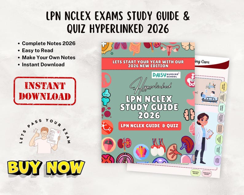 May include: An LPN NCLEX study guide and quiz with the text "LPN NCLEX STUDY GUIDE 2026." The cover is red, green, and white, with illustrations of body parts. The words "Instant Download" and "Buy Now" are also visible.