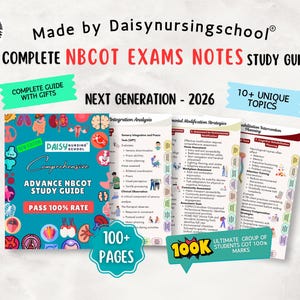 Può includere: Una guida di studio completa NBCOT di Daisynursingschool per il 2026, con oltre 100 pagine di appunti. La copertina è color verde acqua con illustrazioni anatomiche colorate e le pagine interne mostrano testi dettagliati sulla riabilitazione.
