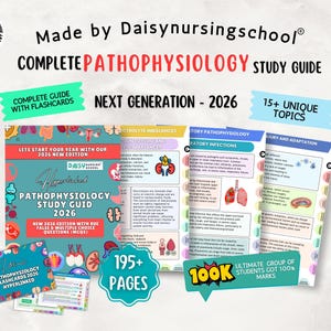 Puede incluir: Una guía de estudio titulada "COMPLETE PATHOPHYSIOLOGY STUDY GUIDE 2026" con tarjetas. La guía incluye más de 195 páginas y cubre más de 15 temas únicos. La guía está hecha por Daisynursingschool.