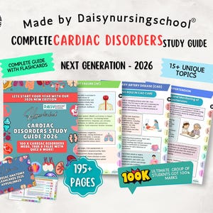 May include: A study guide for cardiac disorders, featuring the text "COMPLETE CARDIAC DISORDERS STUDY GUIDE 2026." The guide includes flashcards, covers 15+ topics, and has 195+ pages. The guide is designed for the next generation of students.