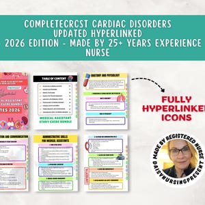 K&ouml;nnte beinhalten: Medizinische Studienf&uuml;hrer f&uuml;r medizinische Fachangestellte mit dem Text "COMPLETECRCST CARDIAC DISORDERS UPDATED HYPERLINKED - 2026 EDITION - MADE BY 25+ YEARS EXPERIENCE NURSE". Die Leitf&auml;den behandeln Anatomie, Patientenschulung und Verwaltungsf&auml;higkeiten. Vollst&auml;ndig verlinkte Symbole sind enthalten.