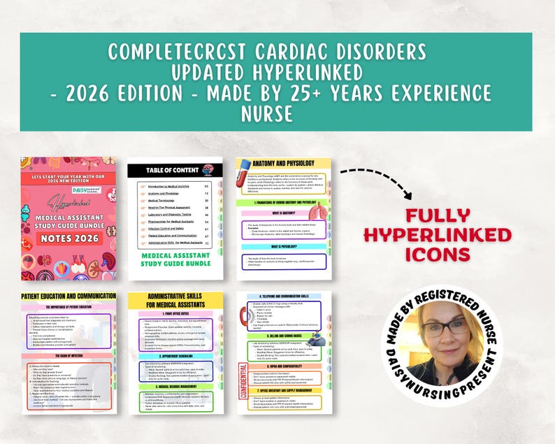 K&ouml;nnte beinhalten: Medizinische Studienf&uuml;hrer f&uuml;r medizinische Fachangestellte mit dem Text "COMPLETECRCST CARDIAC DISORDERS UPDATED HYPERLINKED - 2026 EDITION - MADE BY 25+ YEARS EXPERIENCE NURSE". Die Leitf&auml;den behandeln Anatomie, Patientenschulung und Verwaltungsf&auml;higkeiten. Vollst&auml;ndig verlinkte Symbole sind enthalten.