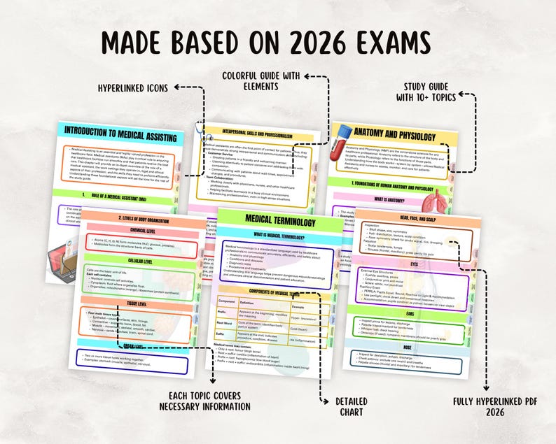 K&ouml;nnte beinhalten: Eine Sammlung farbenfroher Studienf&uuml;hrer f&uuml;r medizinische Assistenz, Anatomie und medizinische Terminologie. Die F&uuml;hrer sind mit Titeln versehen und enthalten detaillierte Diagramme, Hyperlink-Symbole und behandeln notwendige Informationen. Der Text lautet "MADE BASED ON 2026 EXAMS".