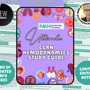 Puede incluir: Una guía de estudio de color morado y blanco para CCRN Hemodinámica con el título "Ultimate CCRN Hemodynamics Study Guide" y un gráfico de un corazón y otros órganos. La guía está hecha por una enfermera registrada e incluye notas de edición limitada.