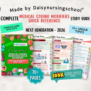以下が含まれることがあります： Daisy Nursing Schoolによる「Medical Coding Modifiers Quick Reference」というタイトルの学習ガイド。ガイドには「Complete Guide with Gifts」と「10+ Unique Topics」が含まれています。表紙は緑色で、医療イラストと「New 2026 Edition with Guide + Quiz」というテキストが書かれています。
