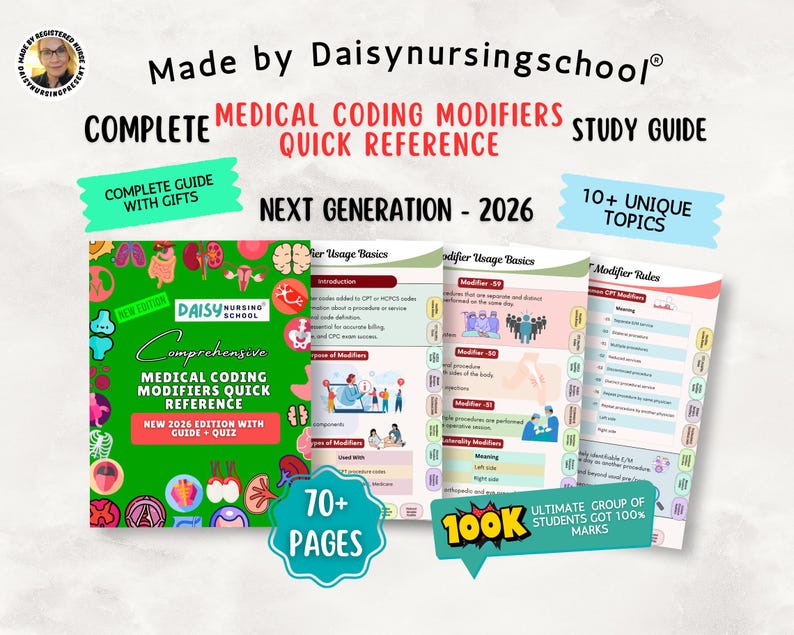 以下が含まれることがあります： Daisy Nursing Schoolによる「Medical Coding Modifiers Quick Reference」というタイトルの学習ガイド。ガイドには「Complete Guide with Gifts」と「10+ Unique Topics」が含まれています。表紙は緑色で、医療イラストと「New 2026 Edition with Guide + Quiz」というテキストが書かれています。