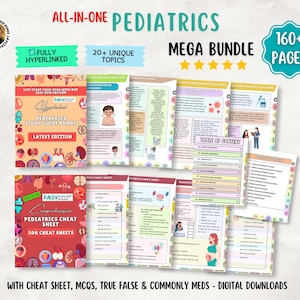 Op de afbeelding: Een digitale All-in-One Pediatrics Mega Bundle studiegids met meer dan 160 pagina's, 20 unieke onderwerpen, hyperlinks, spiekbriefjes, meerkeuzevragen, waar-onwaar vragen en veelgebruikte medicatie voor verpleegkundestudenten.