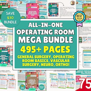 May include: An all-in-one operating room mega bundle with over 495 pages. The bundle includes guides on general surgery, operating room basics, vascular surgery, neuro, and ortho. The image also shows a 75% off sale and a save £24 bundle.