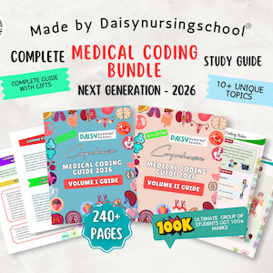 May include: A medical coding study guide bundle with two volumes, featuring colorful illustrations of human anatomy. The guide includes the text "Complete Medical Coding Bundle" and "Next Generation - 2026". Additional text includes "Complete Guide with Gifts" and "10+ Unique Topics".