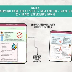 May include: NCLEX nursing care cheat sheet with two digital pages displayed. The left page covers mental health, including alcohol withdrawal and eating disorders. The right page details pediatric conditions like seizures, croup, epiglottitis, and bronchiolitis.
