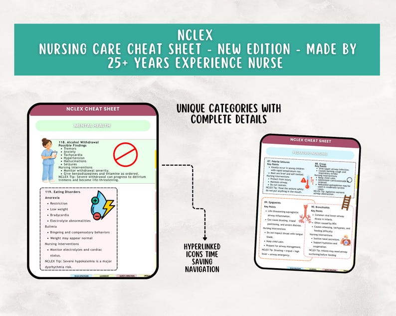 May include: NCLEX nursing care cheat sheet with two digital pages displayed. The left page covers mental health, including alcohol withdrawal and eating disorders. The right page details pediatric conditions like seizures, croup, epiglottitis, and bronchiolitis.