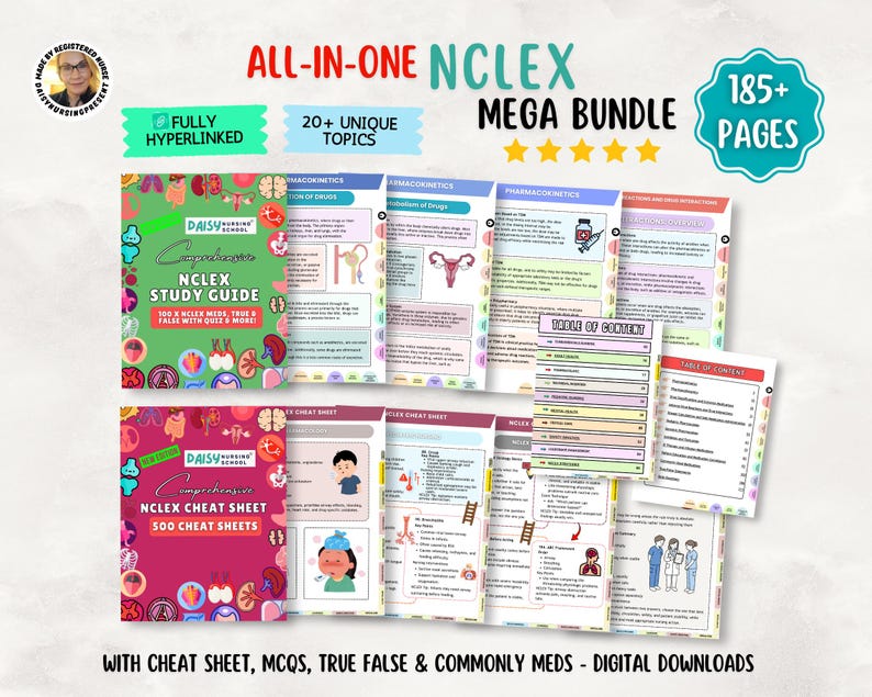 May include: An all-in-one NCLEX mega bundle digital download featuring over 185 pages of study guides and cheat sheets. The materials include 20 unique topics, fully hyperlinked content, multiple-choice questions, and true or false quizzes.