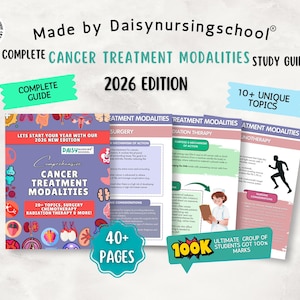 Könnte beinhalten: Ein Studienführer mit dem Titel "COMPLETE CANCER TREATMENT MODALITIES STUDY GUIDE 2026 EDITION" mit dem Text "COMPLETE GUIDE" und "10+ UNIQUE TOPICS". Der Führer hat über 40 Seiten und behandelt Themen wie Chirurgie, Chemotherapie und Strahlentherapie.