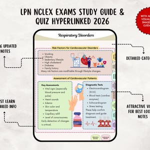 May include: A 2026 study guide for LPN NCLEX exams, hyperlinked, with detailed categories and visuals. It covers respiratory disorders and cardiovascular risk factors, such as smoking and obesity. Includes diagnostic tests and key assessments.