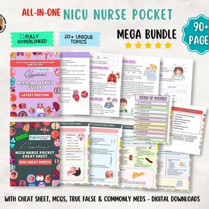 Könnte beinhalten: Ein digitales NICU-Krankenpflege-Taschenbuch-Paket mit über 90 Seiten medizinischer Informationen. Das Set enthält einen Taschenleitfaden, Spickzettel, Multiple-Choice-Fragen, Richtig-oder-Falsch-Aufgaben und gängige Medikamente.