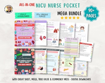 May include: A digital NICU nurse pocket guide mega bundle featuring over 90 pages of medical information. The set includes a pocket guide, cheat sheets, MCQs, true or false questions, and common medications, all fully hyperlinked for easy navigation.