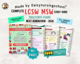 May include: A study guide for the LCSW MSW exam, featuring a cover with the text "LCSW MSW EXAM STUDY GUIDE 2026." The guide includes over 90 pages and covers 10+ unique topics. The guide is made by Daisynursingschool.