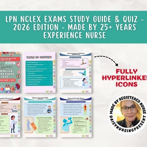May include: An LPN NCLEX exams study guide and quiz, 2026 edition, created by an experienced nurse. The guide includes fully hyperlinked icons and covers topics such as pharmacology and nursing care. The cover has colorful illustrations.