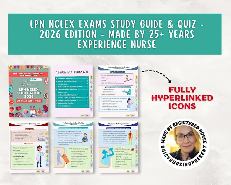 May include: An LPN NCLEX exams study guide and quiz, 2026 edition, created by an experienced nurse. The guide includes fully hyperlinked icons and covers topics such as pharmacology and nursing care. The cover has colorful illustrations.