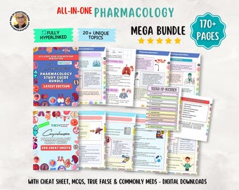 May include: An all-in-one pharmacology mega bundle digital download featuring over 170 pages of study guides and 500 cheat sheets. The materials include hyperlinked content, 20 unique topics, MCQs, true-false questions, and common medications.