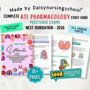May include: A study guide for ATI Pharmacology Proctored Exams. The guide includes over 30 pages and 10+ unique topics. The cover is pink with the text "Ultimate ATI Pharmacology Proctored Exams".