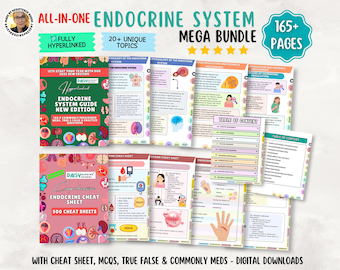 May include: A digital educational bundle titled All-In-One Endocrine System Mega Bundle with 165+ pages. It includes an Endocrine System Guide, cheat sheets, practice questions, and tables of content featuring colorful diagrams, medical illustrations, and text.