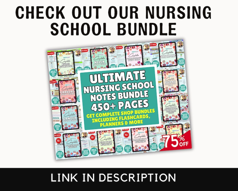 May include: A collage of colorful digital pages with the text "Ultimate Nursing School Notes Bundle 450+ Pages" and "Get complete shop bundles including flashcards, planners & more". The text "75% off" is in a red circle.