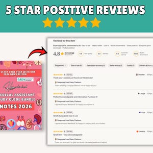 K&ouml;nnte beinhalten: Ein pinkfarbenes Medical Assistant Study Guide Bundle, Notes 2026, mit einer 4,8-Sterne-Bewertung. Das Cover zeigt anatomische Illustrationen und den Text "5 Sterne positive Bewertungen". Die Bewertungen stammen von zufriedenen Kunden.
