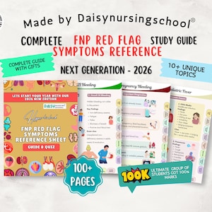 Könnte beinhalten: Ein digitaler Studienführer mit dem Titel FNP Red Flag Symptoms Reference 2026 von Daisynursingschool. Das Cover ist hellbraun mit bunten medizinischen Illustrationen. Er enthält über 100 Seiten mit klinischen Informationen, darunter Abschnitte zu Magen-Darm-Blutungen, Schwangerschaft und pädiatrischem Fieber.