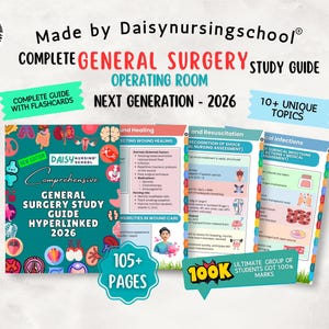 Op de afbeelding: Een studiehandleiding voor algemene chirurgie, getiteld "Complete General Surgery Study Guide" door Daisynursingschool. De gids bevat flashcards, behandelt meer dan 10 onderwerpen en heeft meer dan 105 pagina's. De gids is voor de operatiekamer.