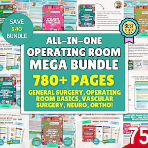 Puede incluir: Un mega paquete todo en uno para quirófano con más de 780 páginas. El paquete incluye guías sobre cirugía general, conceptos básicos de quirófano, cirugía vascular, neuro y orto. La imagen también muestra una oferta del 75% de descuento.