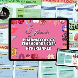 May include: A tablet showing "Ultimate Pharmacology Flashcards 2026 Hyperlinked" with medical diagrams and information. Several flashcards with drug classifications and nursing considerations surround the tablet. A "New Product" sticker is visible.