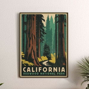 Plakat Park Narodowy Redwood, Plakat Kalifornia, Plakat podróżniczy retro, Sztuka ścienna lasu, Wydruki Parku Narodowego