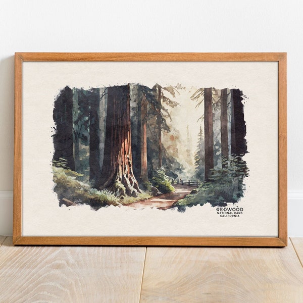Redwood National Park poster, aquarel bos print, California Redwood poster, National Forest kunst aan de muur