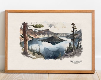 Crater Lake National Park Poster, Oregon Wall Art, Watercolor Painting, Crater Lake Art Print, Oregon Poster, Woodland Nursery