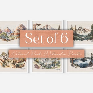 Pósteres de Parques Nacionales (juego de 6), póster de viaje, impresión de acuarela para pared, regalo de Parque Nacional, regalo para viajeros, galería de pared de montaña