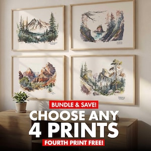 Choose Any 4 National Park Prints - Custom Bundle Set - Select from Yosemite, Mt Rainier, Zion, Grand Teton & More - Watercolor Wall Art