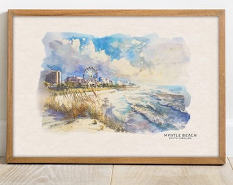 May include: Watercolor painting of a beach scene in Myrtle Beach, South Carolina. The painting features a Ferris wheel, a pier, and the ocean with waves crashing on the shore. The sky is blue with white clouds.