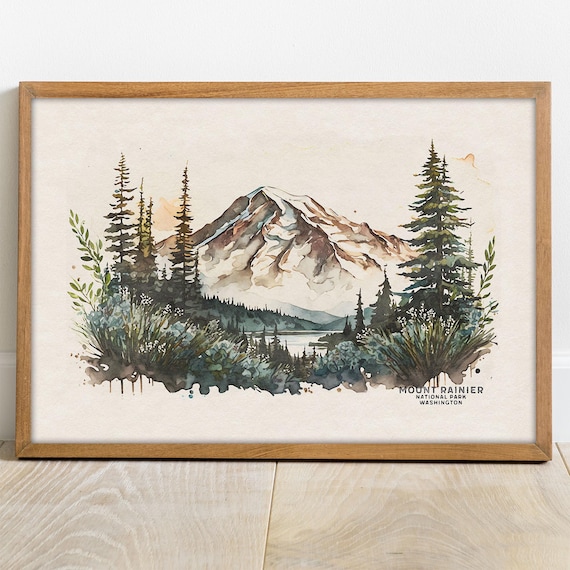 Mt Rainier Wall Art Print, National Park Poster, Mount Rainier Print Mountain Watercolor, Seattle Poster, Ski Poster, Going Away Gift