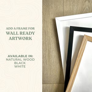 Frame color options for National Park poster prints, showing corner details of natural wood, black, and white frames for wall-ready artwork.