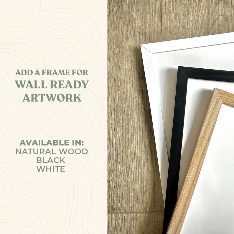 Frame color options for National Park poster prints, showing corner details of natural wood, black, and white frames for wall-ready artwork.