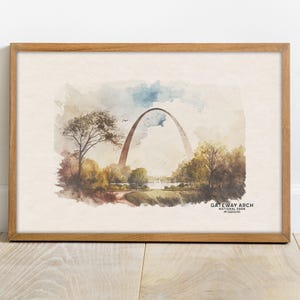 Pôster do parque nacional Gateway Arch, arte emoldurada, arte minimalista, suspensão de parede, pintura em aquarela, arte de viagem, decoração de berçário de floresta