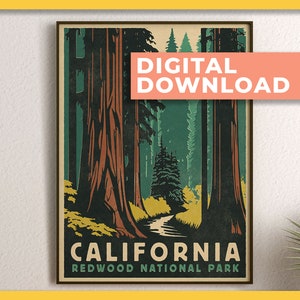 Plakat Park Narodowy Redwood, Plakat Kalifornia, Plakat podróżniczy retro, Sztuka ścienna lasu, Wydruki Parku Narodowego | DO DRUKU Pobieranie cyfrowe