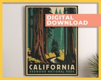 Redwood National Park Poster, California Poster, Retro Travel Poster, Forest Wall Art, National Park Prints | PRINTABLE Digital Download