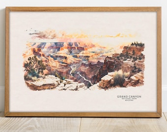 Könnte beinhalten: Ein Aquarellgemälde des Grand Canyon National Park in Arizona. Das Gemälde zeigt eine Panoramaansicht des Canyons mit seinen geschichteten Felsformationen und dem Colorado River, der sich durch den Boden schlängelt. Der Himmel ist in sanftem Orange und Rosa gehalten, was auf einen Sonnenaufgang oder Sonnenuntergang hindeutet.