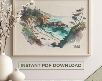 Big Sur Watercolor Painting, California Coastal Art Print (Digital Download)