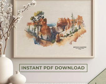 ブライスキャニオン国立公園の水彩画アートプリント（デジタルダウンロード）
